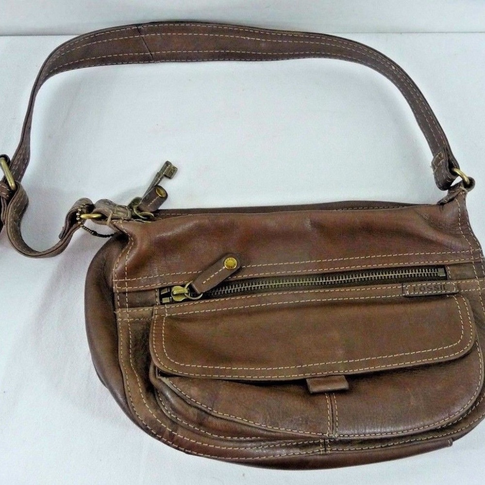 Fossil Hobo Purse Brown Leather with Key Shoulder